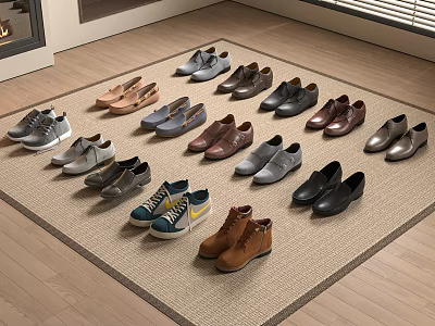 Various Style Shoes Neatly Arranged On Carpet Over Wooden Floor 3d model