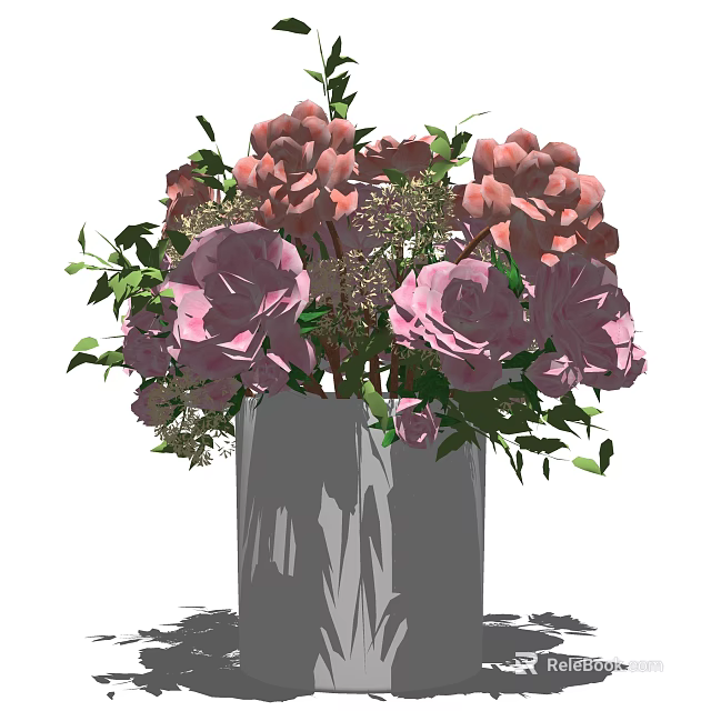 Gray Vase With Pink Roses Peonies And Green Leaves Floral Arrangement 3d model 