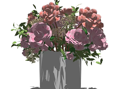 Gray Vase With Pink Roses Peonies And Green Leaves Floral Arrangement 3d model