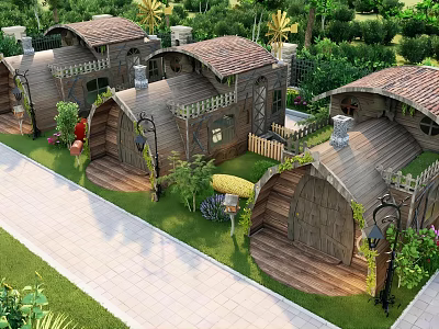 Charming Wooden Houses With Tiled Roofs Lush Greenery And Paved Path 3d model