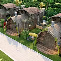 Charming Wooden Houses With Tiled Roofs Lush Greenery And Paved Path