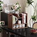 Cozy Restaurant Decor With Wooden Storage Rack Green Kettle Pink Thermos White Mugs And Greenery