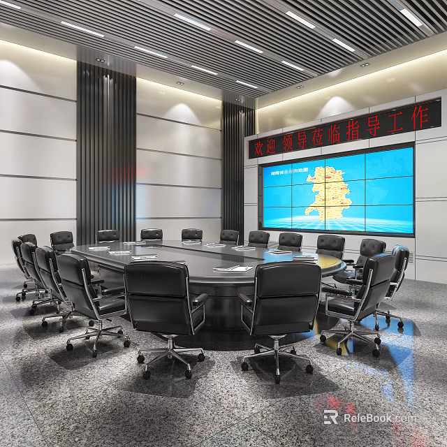Modern Conference Room Interior With Round Table Black Leather Chairs And Large 3d model 