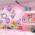 Colorful Photo Check in Spot With Pink Background Balloons Tulips And Decorative Signs