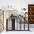 Traditional Console Table With Bamboo Screen Marble Backdrop And Decorative Ornaments 3d model