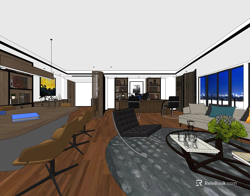 Modern Office Interior Design With Desk Chairs Sofa Bookshelves And City View 3d model 