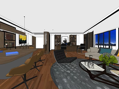 Modern Office Interior Design With Desk Chairs Sofa Bookshelves And City View 3d model