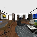 Modern Office Interior Design With Desk Chairs Sofa Bookshelves And City View