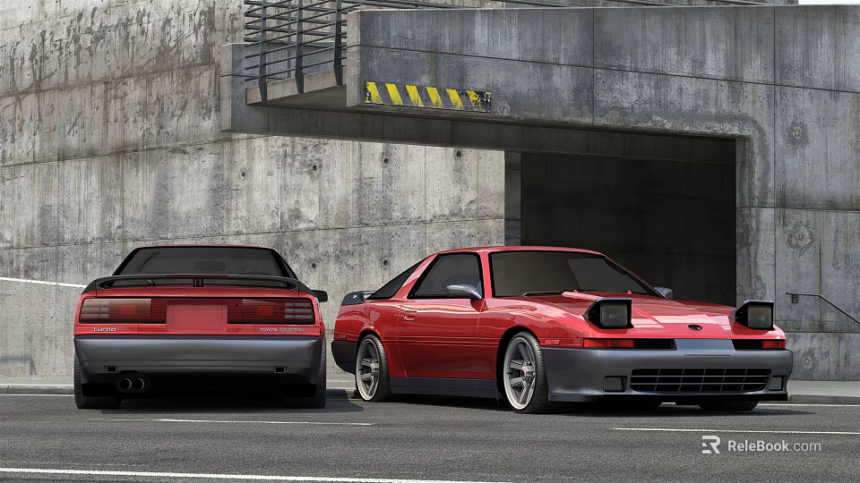 Two Red Sports Cars Parked By Concrete Tunnel Entrance With Yellow Stripes 3d model 