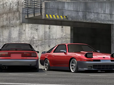 Two Red Sports Cars Parked By Concrete Tunnel Entrance With Yellow Stripes 3d model