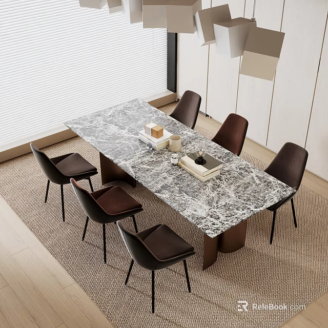Marble Top Dining Table Set with Six Brown Leather Chairs in Modern Interior with Window 3d model 