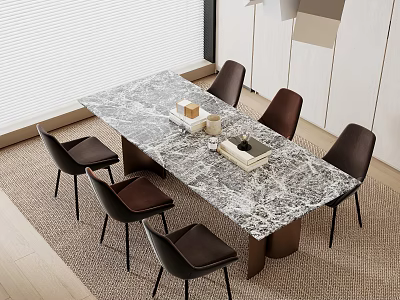 Marble Top Dining Table Set with Six Brown Leather Chairs in Modern Interior with Window 3d model