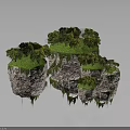 Floating Rock Islands With Green Vegetation Trees And Moss On Dark Background