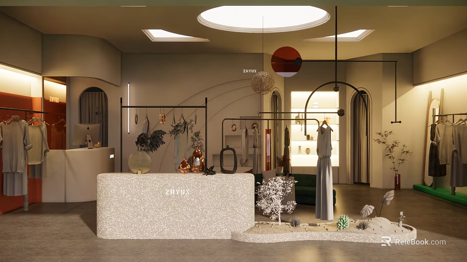 Modern Chic Clothing Store Interior With Reception Counter Mannequins And Decorative Plants 3d model 