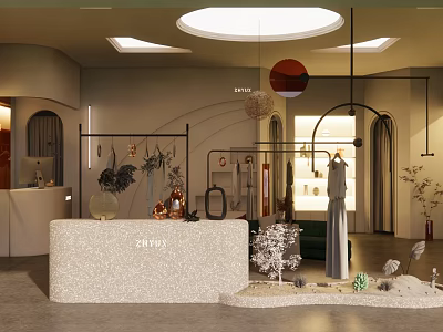 Modern Chic Clothing Store Interior With Reception Counter Mannequins And Decorative Plants 3d model