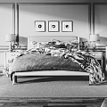 Double Bed Interior With Three Framed Paintings Bedside Tables Lamps Floral Quilt And Gray Blanket
