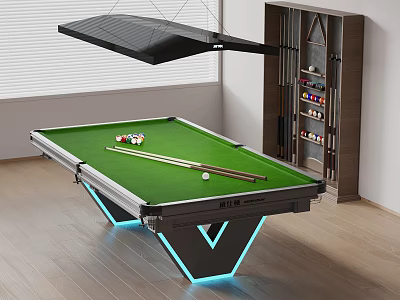 Modern Billiard Table with Green Surface Cues Balls Blue LED Lights and Hanging Light Cabinet 3d model