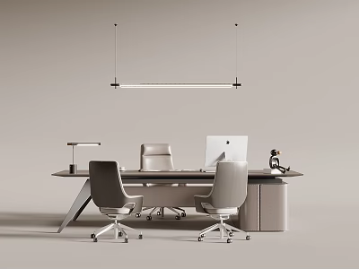 Modern Office Desk with Chairs Desk Lamp Computer and Cabinet Under Pendant Light 3d model