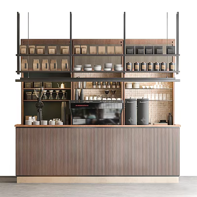 Cozy Coffee Shop Interior Featuring Wooden Counter Shelves Coffee Beans Cups And Machine 3d model