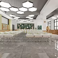 Spacious School Classroom Interior With Hexagonal Pendant Lights Green Chairs Large Screen And Bookshelves