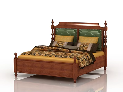 Wooden Four Poster Double Bed With Green Headboard Yellow And Green Pillows 3d model