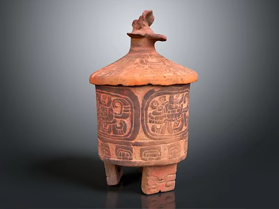 Traditional Terracotta Jar With Decorative Patterns Lid And Three Legs For Home Use 3d model