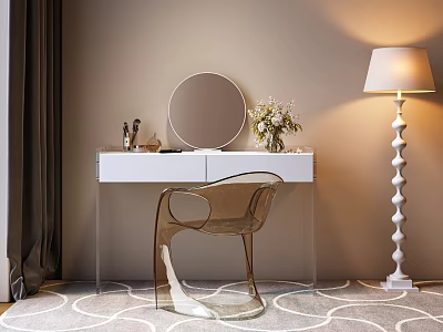 Modern Dressing Table With Round Mirror Transparent Chair Flower Vase And Floor Lamp 3d model