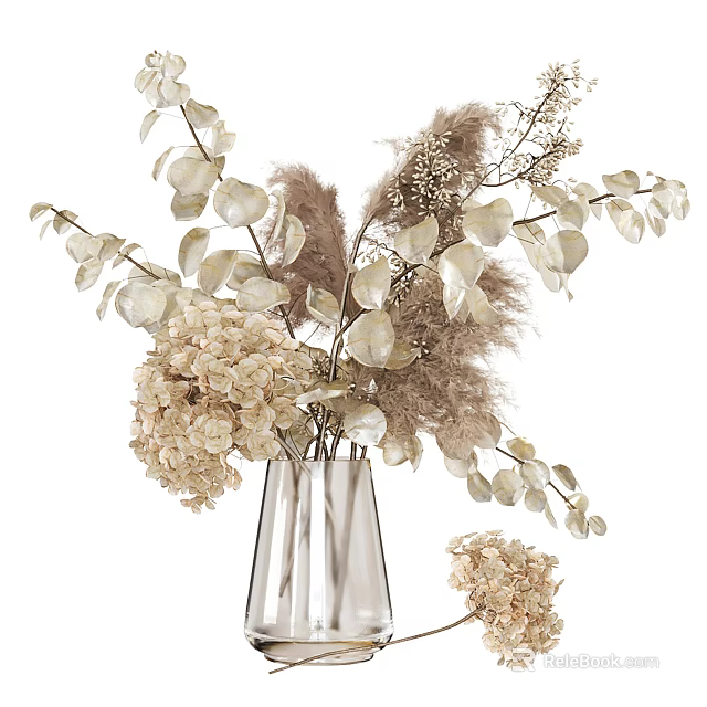 Clear Glass Vase With Dried Flowers Eucalyptus Leaves Hydrangea And Pampas Grass In Natural Tones 3d model 