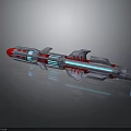 Red Silver Interstellar Spaceship with Blue Luminous Stripes and Futuristic Design Elements