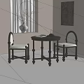 Minimalist Dining Table Set with Two Black Chairs White Cushions Arched Window and Wall Art