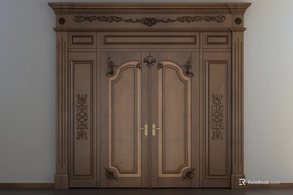 Classic Wooden Double Doors With Intricate Carved Patterns And Ornate Frame 3d model 