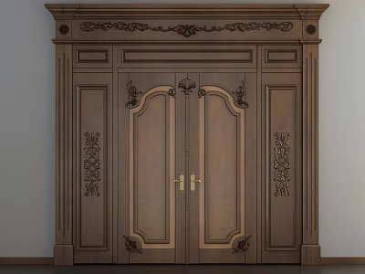 Classic Wooden Double Doors With Intricate Carved Patterns And Ornate Frame 3d model