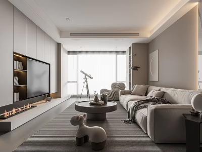 Modern Living Room Interior With Light Gray Sofa Round Coffee Table Fireplace And Large Window 3d model