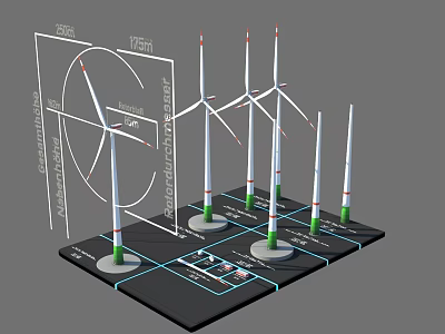 Wind Turbine Equipment With Multiple White Turbines Green Bases Dimension Diagrams And Layout Plans 3d model