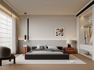 Bedroom Master Room Double Bed Chandelier Table Lamp Wardrobe Leisure Chair Bedside Table Background Wall 3d model