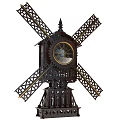 Antique Windmill Shaped Wooden Carved Standing Clock With Intricate Frame Design
