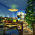 Serene Hotel Guest Room With Blue Walls Round Bed Green Bamboo And Small Water Pool