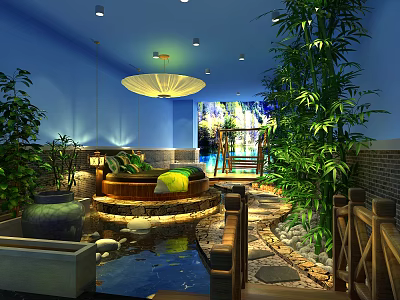 Serene Hotel Guest Room With Blue Walls Round Bed Green Bamboo And Small Water Pool 3d model