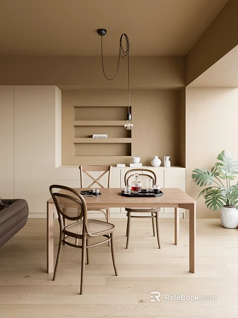 Warm Modern Restaurant Interior With Wooden Dining Table Chairs Decorative Shelves And Green Plant 3d model 
