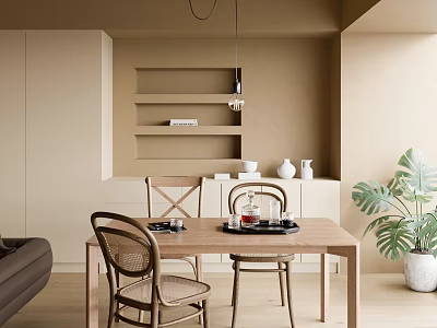 Warm Modern Restaurant Interior With Wooden Dining Table Chairs Decorative Shelves And Green Plant 3d model