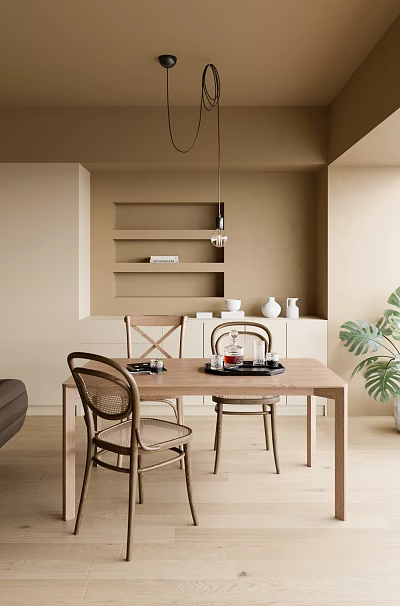 Warm Modern Restaurant Interior With Wooden Dining Table Chairs Decorative Shelves And Green Plant 3d model
