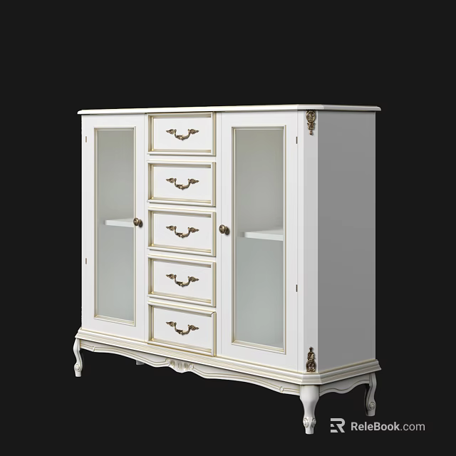 White Entryway Console Cabinet with Glass Doors Drawers and Ornate Metal Hardware 3d model 