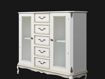 White Entryway Console Cabinet with Glass Doors Drawers and Ornate Metal Hardware 3d model