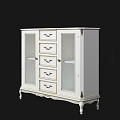 White Entryway Console Cabinet with Glass Doors Drawers and Ornate Metal Hardware