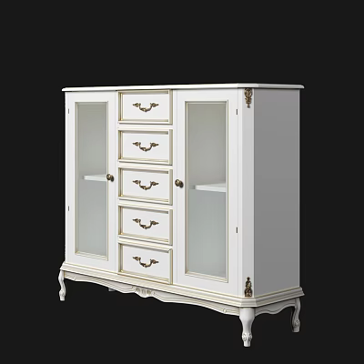 White Entryway Console Cabinet with Glass Doors Drawers and Ornate Metal Hardware 3d model