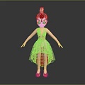 Female Character Wearing Pink Dress with Feather Head Decoration Flower Patterns and Red Shoes