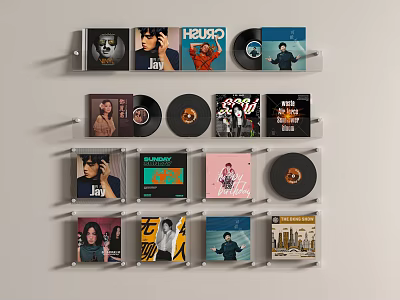 Sleek Modern Headphone Speaker Design With Vinyl Records And Display Shelves 3d model