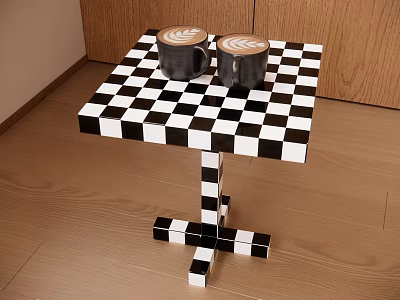 Black and White Checkered Side Table with Coffee Cups on Wooden Floor 3d model