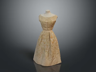 Man Displaying Gold Sleeveless Patterned Dress On Mannequin Gray Background 3d model