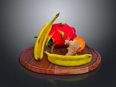 Fresh Bananas Dragon Fruit and Ginger Arranged on Wooden Tray 3d model